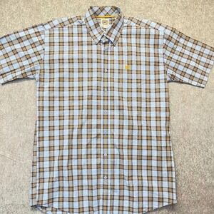 Cinch Button Down Shirt Mens M Short Sleeve Cotton Blue Brown Plaid Western